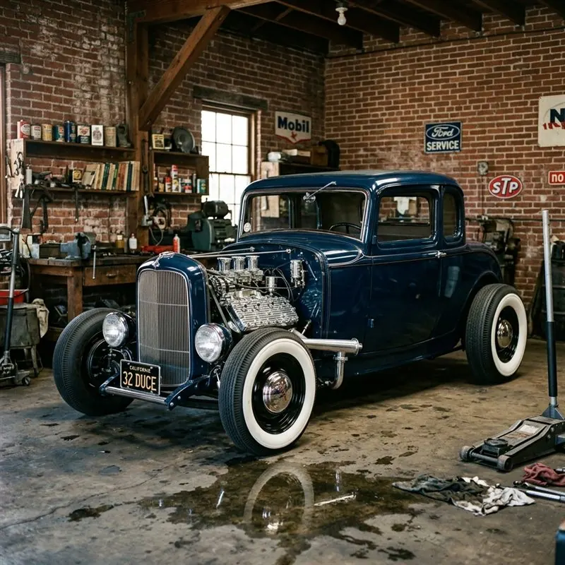 1932 Ford Deuce Coupe traditional hot rod in midnight blue with exposed V8 engine